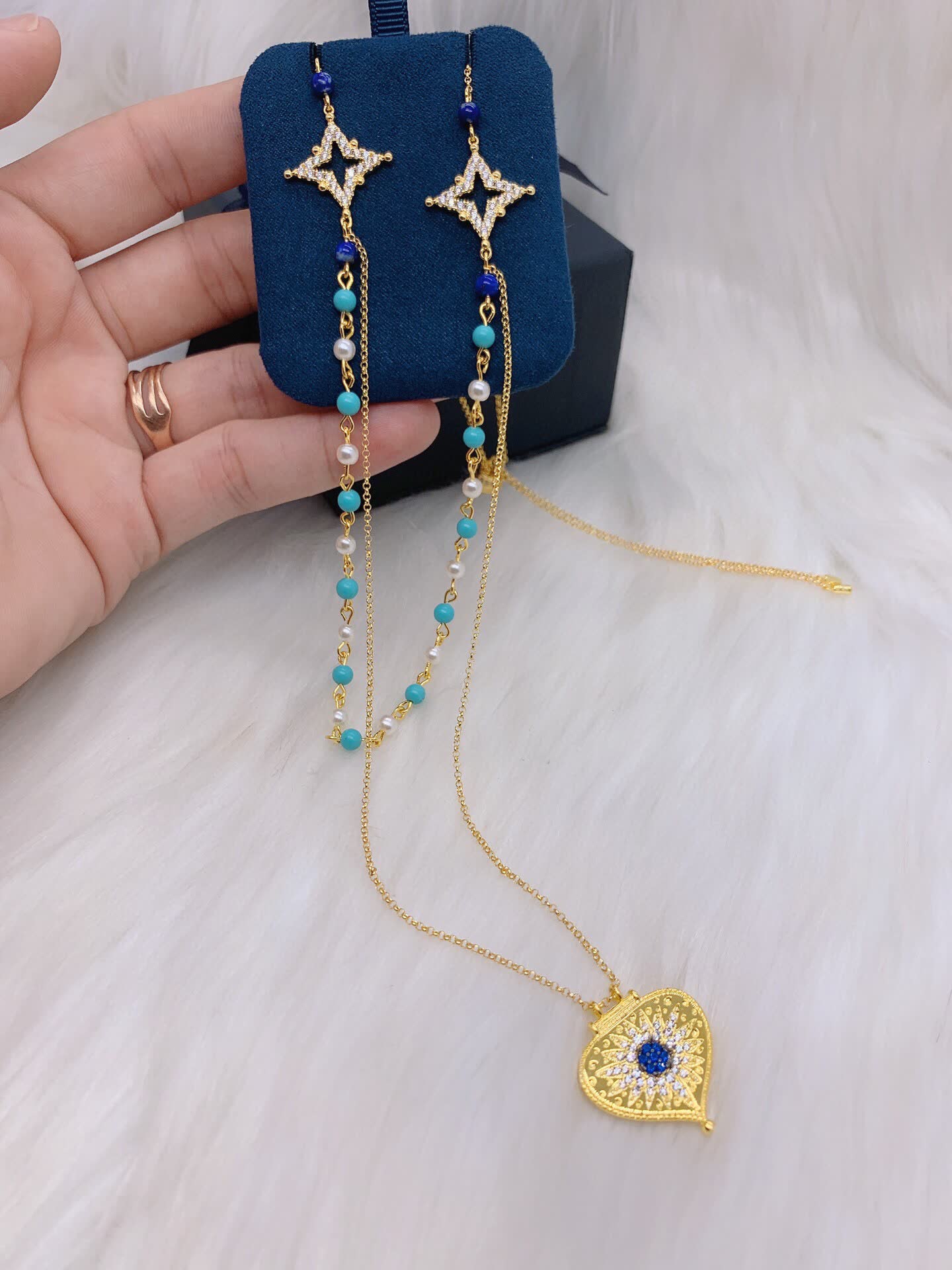 APM Monaco Elegant Double Layered Gold Plated Necklace with Turquoise and Pearl Beads